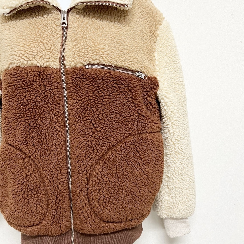 Aritzia Wildred Free Womens Multicolor Brown Tan Teddy Bear Zip Up Bomber Jacket - Picture 6 of 11